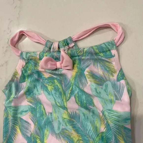 Floatimini Tropical Pink Green Print Ruffle Bow One Piece Bathing Suit Girls 6X - Picture 2 of 5